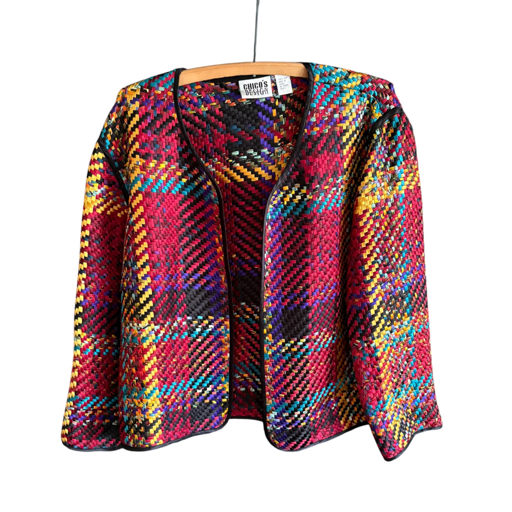 Chico’s Design Multicolor Woven Silk Open Front Jacket Size 2 Art to Wear